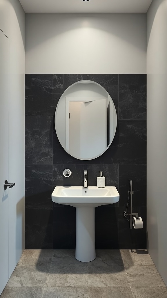 Modern bathroom featuring a dark textured backsplash, white sink, and round mirror.