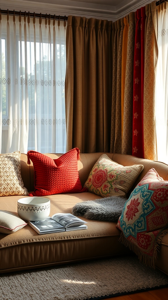 Cozy living room corner with a brown sofa, colorful pillows, and textured curtains.