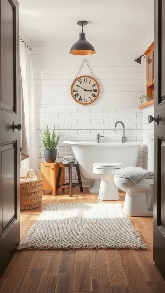 A modern farmhouse bathroom featuring a textured rug on wooden flooring, with a bathtub and natural light.