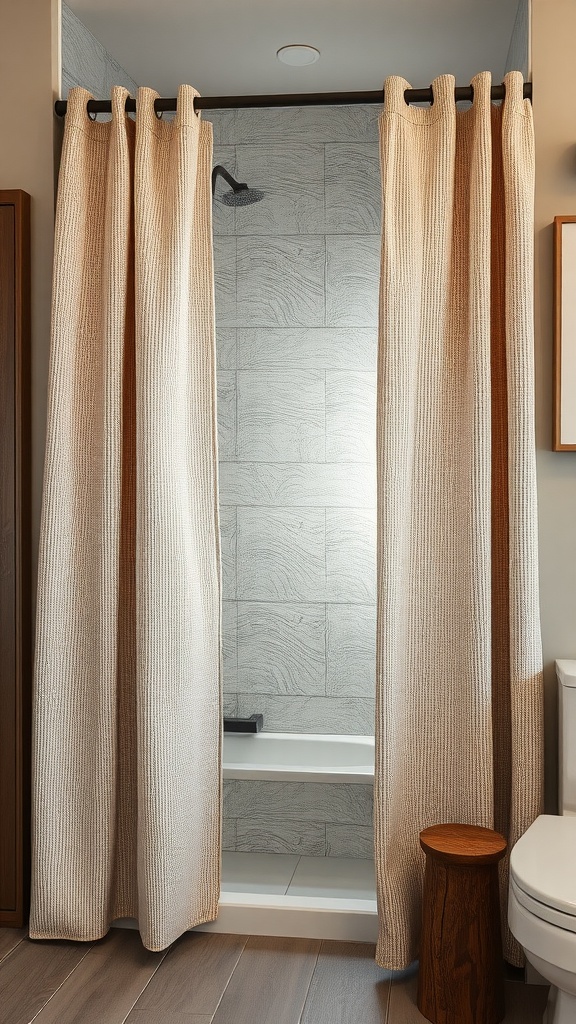 A rustic bathroom with textured shower curtains, featuring a woven design in light beige, providing a cozy atmosphere.