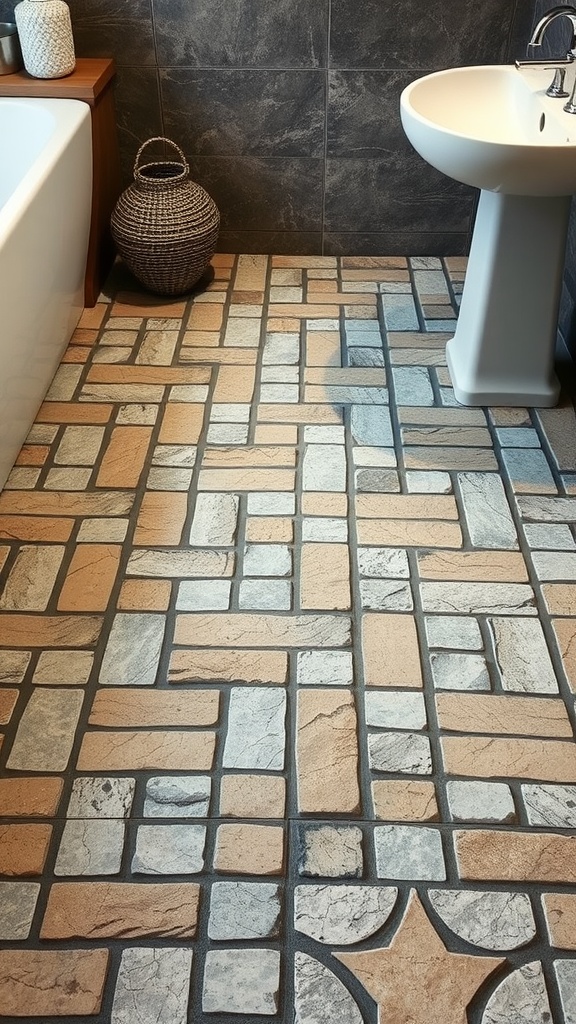 A bathroom floor featuring textured stone pavers in warm and cool tones.