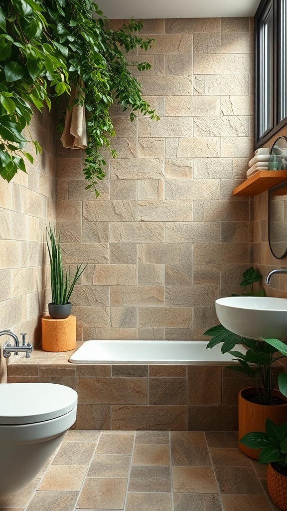 A bathroom featuring textured stone tiles in earthy tones, with plants, a bathtub, and a modern sink.