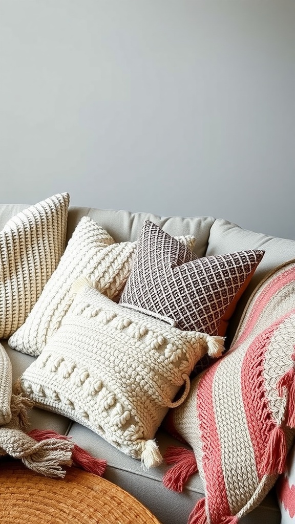 A cozy sofa adorned with a variety of textured throw pillows in different colors and patterns.
