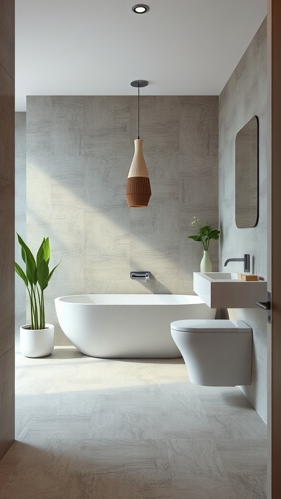 Modern bathroom featuring textured vinyl tiles, a freestanding bathtub, and minimalist decor.