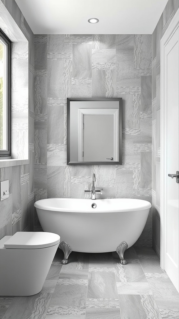 A modern bathroom with grey textured wall panels, a white freestanding bathtub, and a sleek toilet.