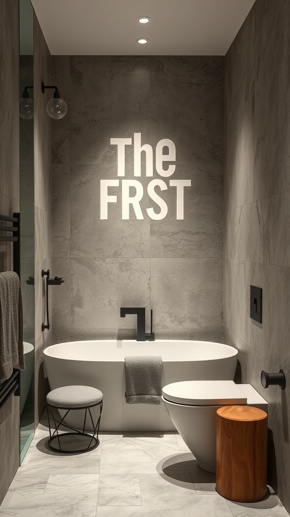 Modern bathroom with textured walls, freestanding bathtub, and bold lettering.