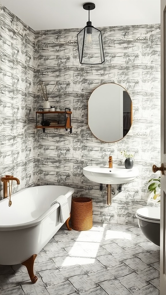 A modern bathroom featuring textured wallpaper with a gray and white pattern, a vintage bathtub, and contemporary fixtures.