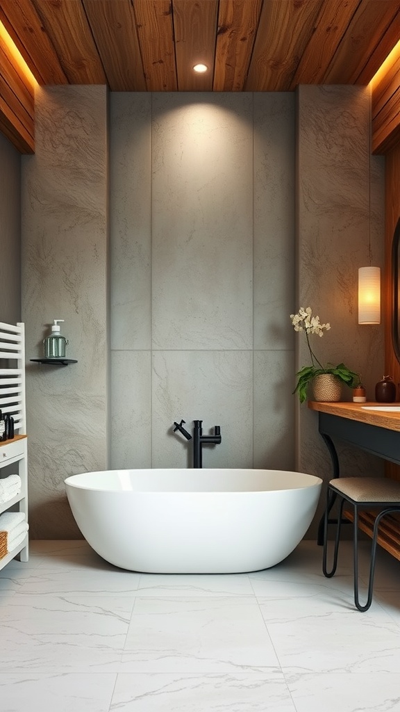 A luxurious bathroom featuring textured walls, wooden ceiling, and a freestanding tub.