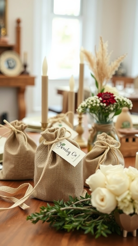 Rustic chic wedding favors in jute bags with personalized tags on a wooden table with flowers and candles.