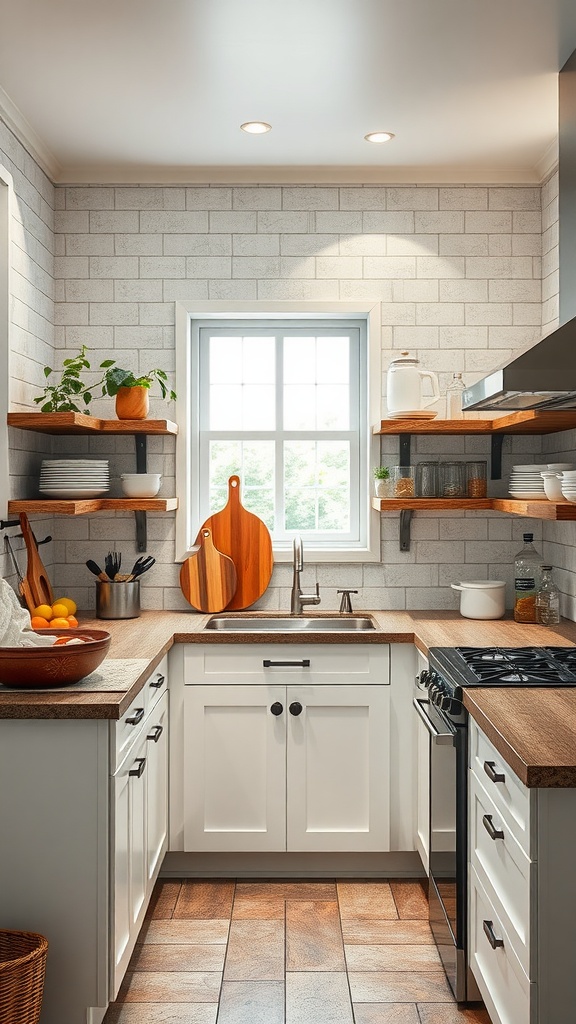 A cozy and efficient tiny cottage kitchen featuring an L-shaped layout with wooden shelves and a window.