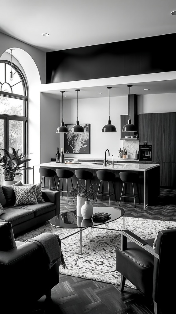 A stylish black and white themed living room and kitchen combined, featuring modern furniture and elegant decor.