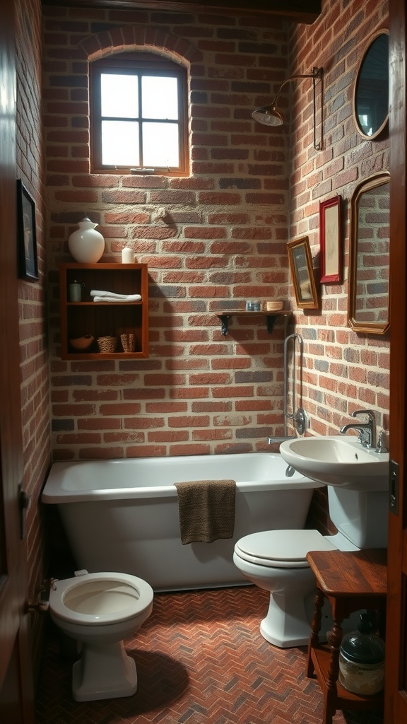 A small bathroom with a brick wall, wooden accents, and classic fixtures.