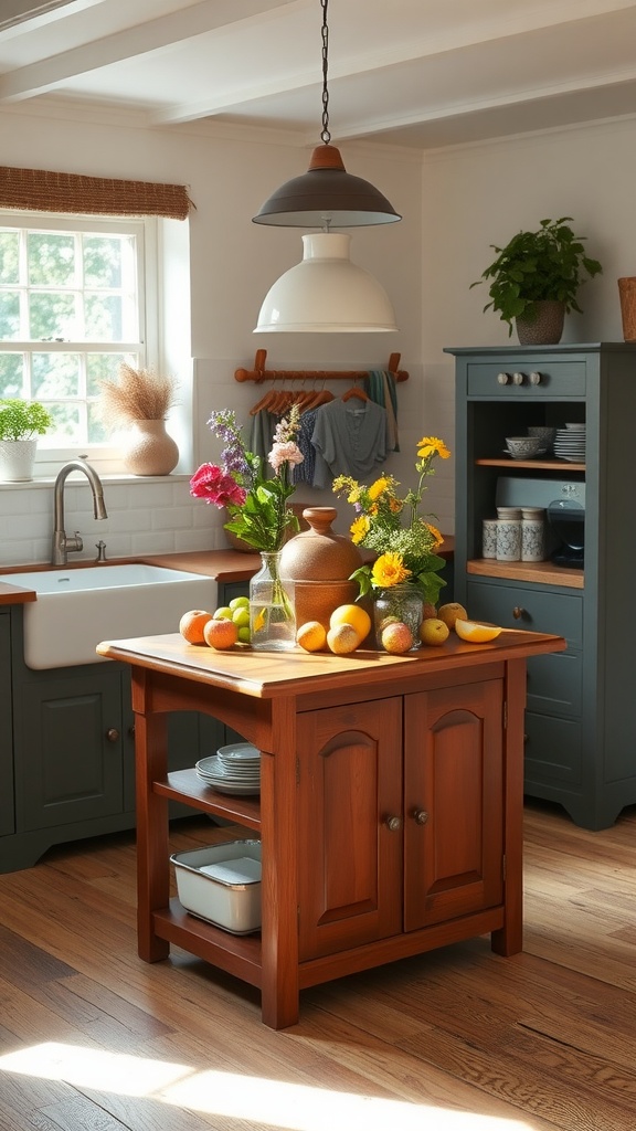 A cozy cottage kitchen featuring a wooden prep island adorned with fresh flowers and fruits.