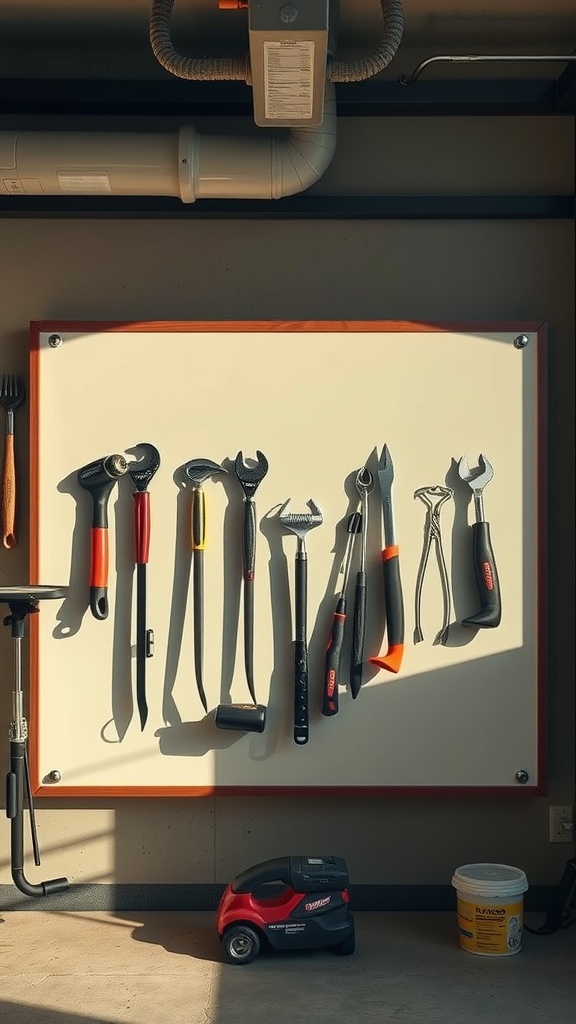 Tool shadow board displaying various tools in a garage workshop