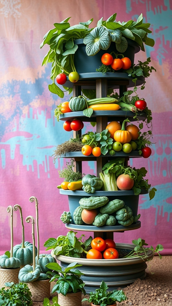 A vibrant tower garden filled with vegetables and herbs, showcasing a vertical planting system.