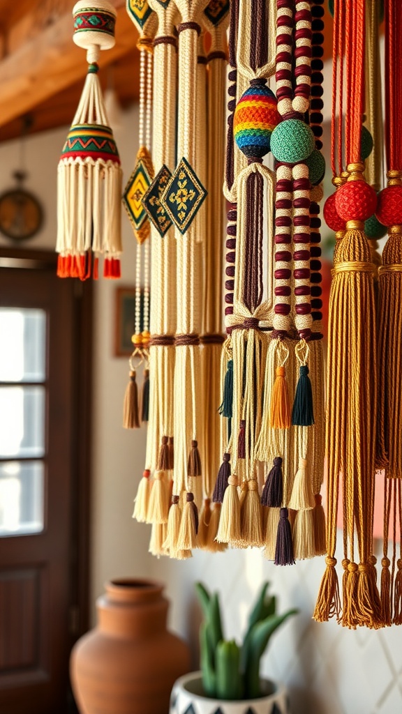 Colorful traditional beaded decorations and tassels hanging in a rustic interior