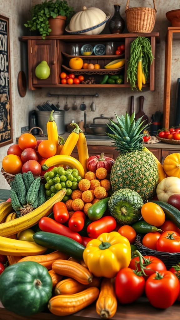 A colorful display of fruits and vegetables on a wooden countertop, showcasing rustic Mexican home decor.