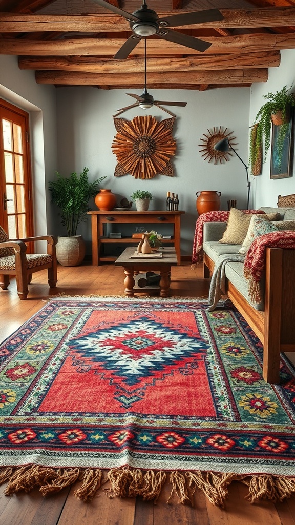 A vibrant traditional Mexican rug with intricate patterns in a cozy living space.