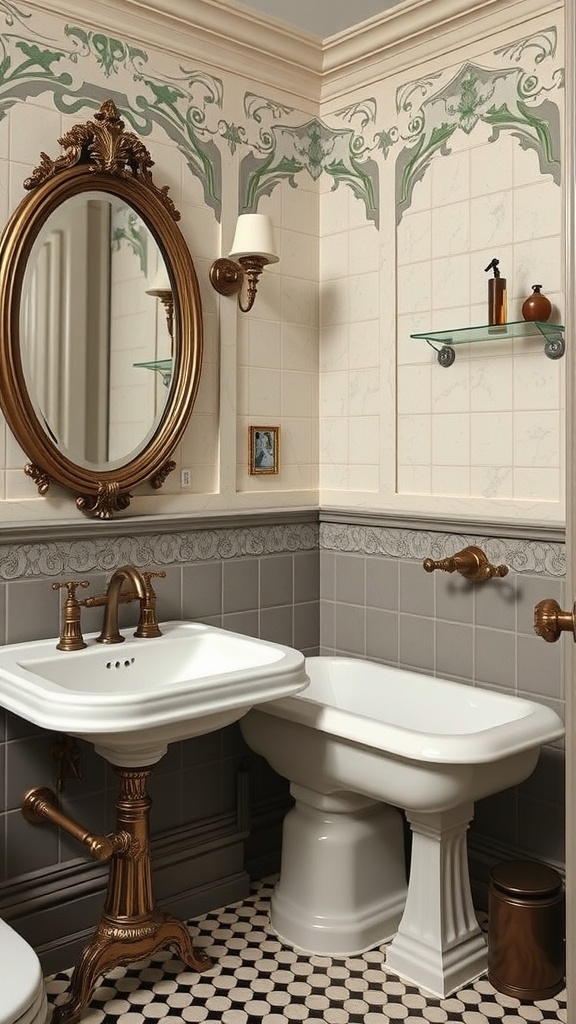 A Victorian-style bathroom with a gold faucet sink, white bidet, and patterned flooring.