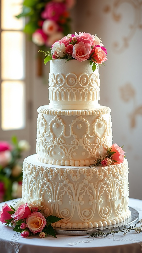 Traditional three-tier Mexican wedding cake with floral decorations