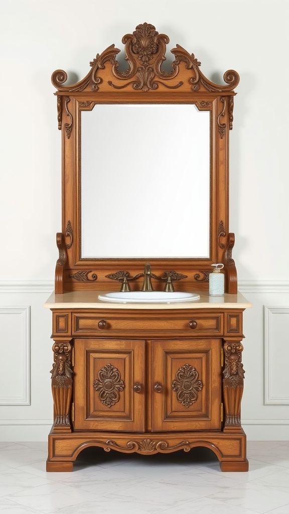 Traditional wooden vanity with detailed carvings and a large mirror