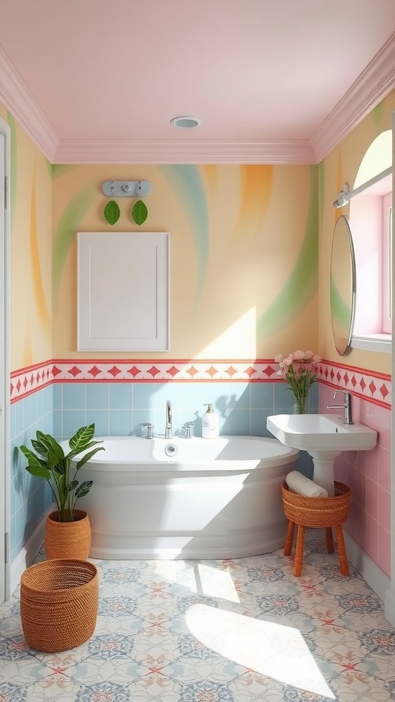 A colorful bathroom with pastel walls, a white bathtub, and natural decor.