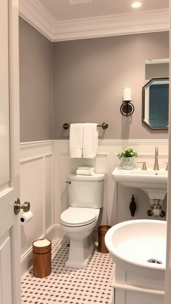 A transitional style bathroom featuring gray walls, wainscoting, modern sink, and traditional light fixtures.