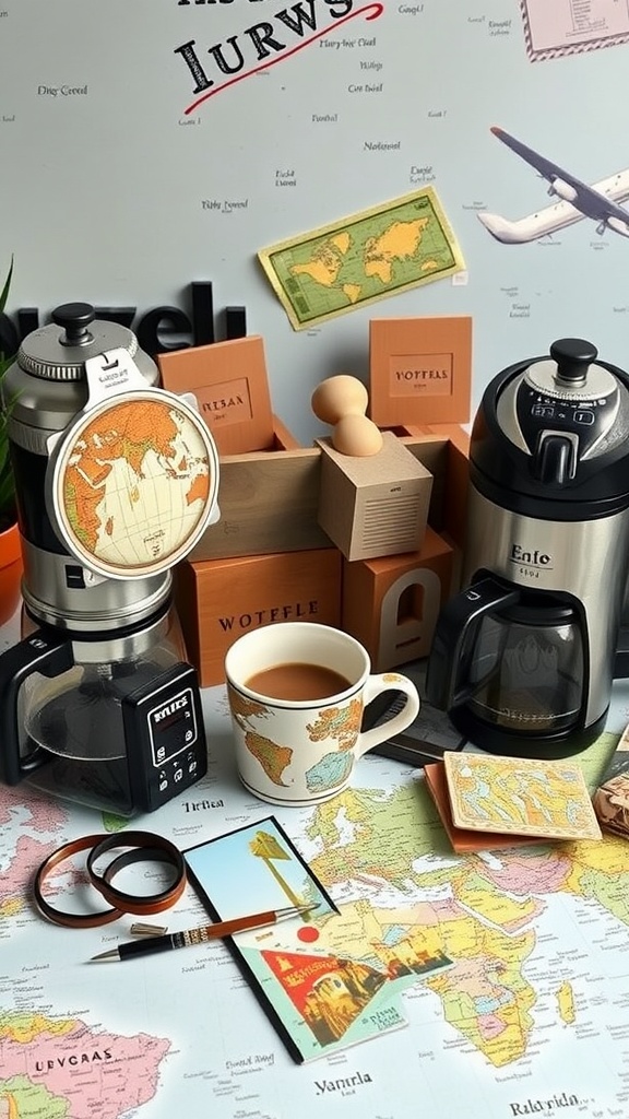 A coffee setup that features coffee makers, a world map, souvenirs, and a coffee cup with a globe design