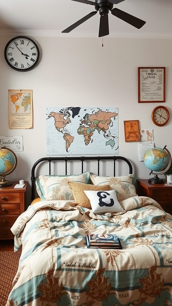 A travel-inspired room with a world map, globes, and travel-themed decor.