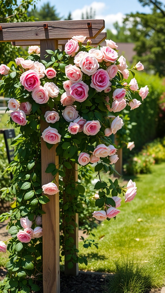 A wooden trellis with cascading pink roses in a garden