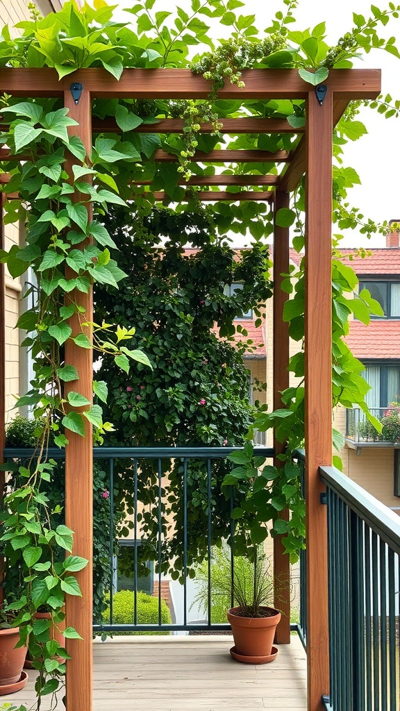 A wooden trellis with climbing plants on a small balcony