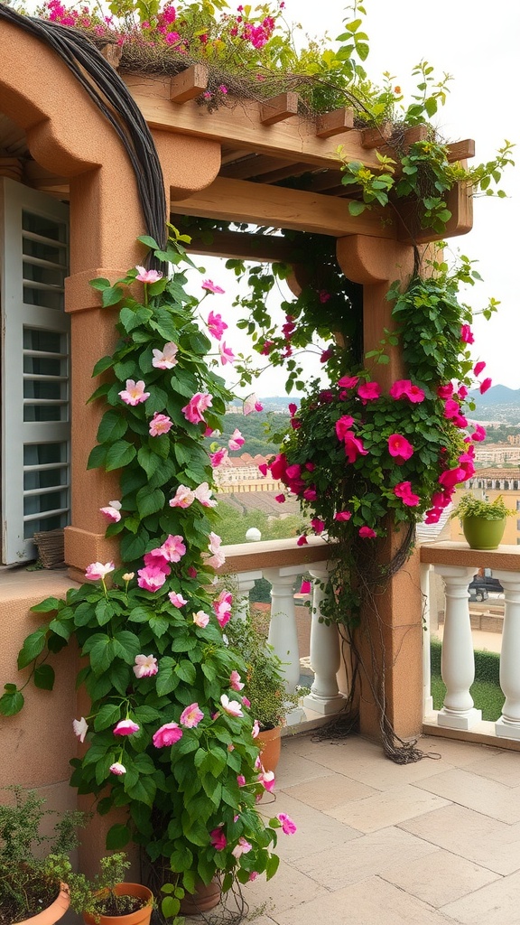 A wooden trellis with colorful climbing plants in a terrace garden