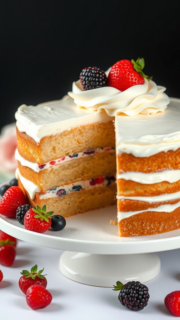 A beautifully layered Tres Leches cake topped with whipped cream and fresh strawberries, blueberries, and blackberries.