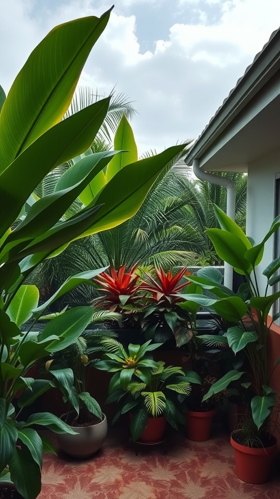 A vibrant terrace garden with tropical plants, featuring large green leaves and colorful flowers