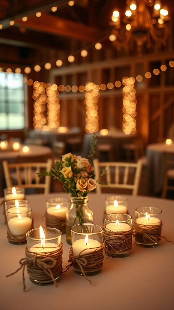 A close-up image showing twine wrapped votive candles on a table, surrounded by soft lighting and a small flower arrangement.