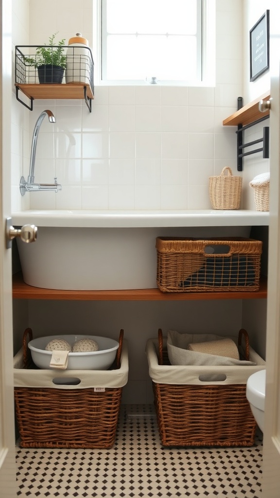 A small bathroom with organized under-tub storage featuring wicker baskets and a wall shelf.