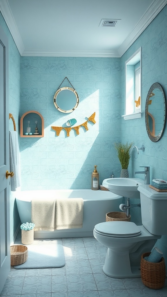 A light blue bathroom with fish decorations, a round mirror, and cozy textures.