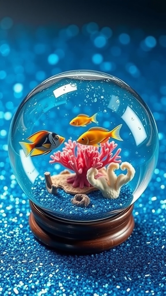 Snow globe with colorful fish and coral in a glittery blue background.