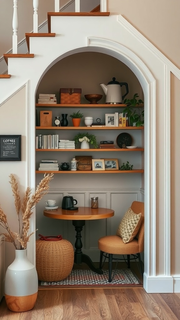 A cozy coffee nook under a staircase, featuring a round table, a chair, shelves with decor, and a warm color palette.