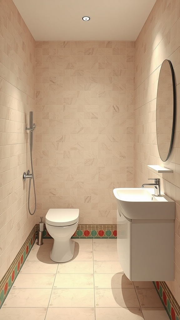 A modern bathroom featuring beige tiles on the walls and floor, accented with colorful tiles at the baseboard. Includes a compact toilet and a stylish sink with a round mirror above.