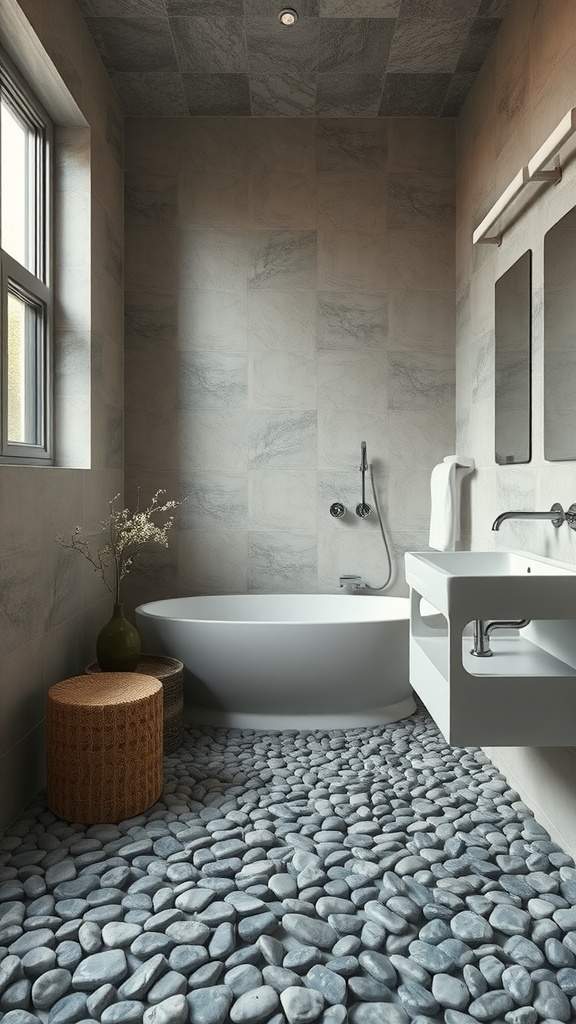 A bathroom featuring pebble stone flooring, a modern tub, and minimalist decor.