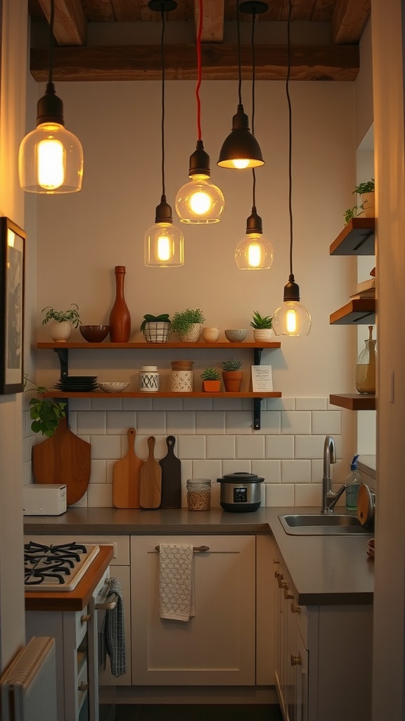 A cozy tiny cottage kitchen featuring unique hanging light fixtures, wooden shelves, and plants.