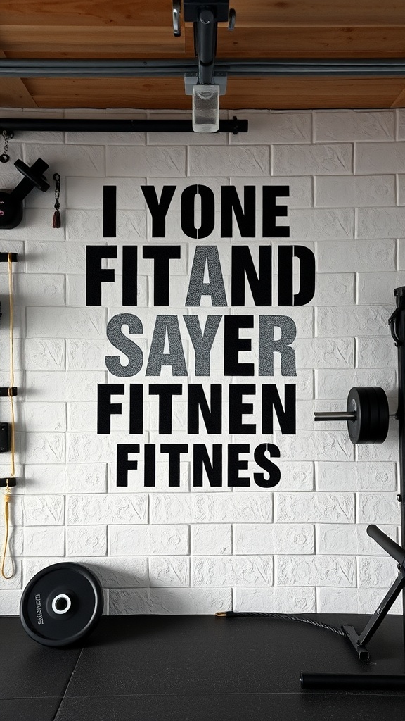 Wall art featuring bold text on a white brick background in a garage gym