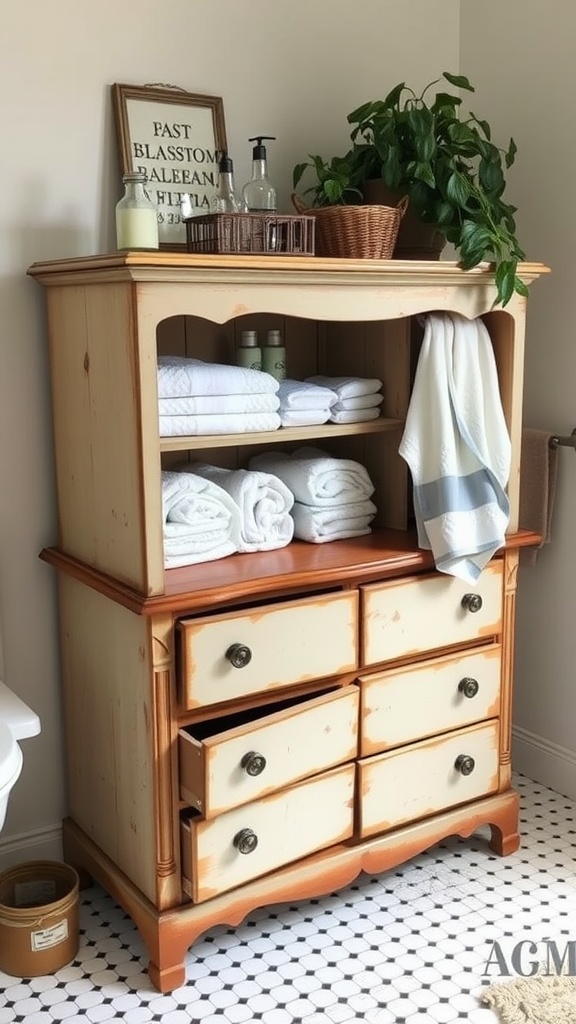 An upcycled dresser used for bathroom storage, featuring open shelves with towels and drawers for toiletries.