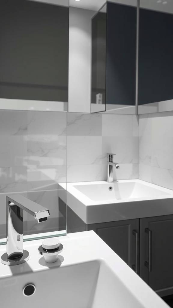 A modern bathroom sink with a stylish faucet and marble backsplash