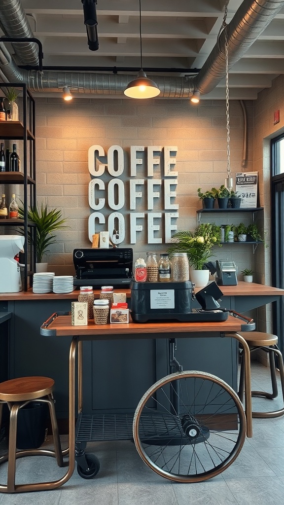 Urban chic coffee corner with 'COFFEE' wall art, coffee machine, and potted plants.