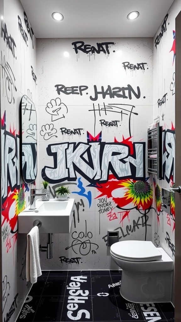 A small bathroom featuring vibrant graffiti art on the walls, with modern fixtures and a minimalist design.