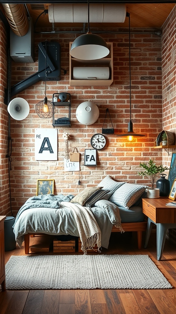 A cozy urban industrial bedroom featuring a brick wall, a bed with soft linens, hanging pendant lights, and wooden furniture.