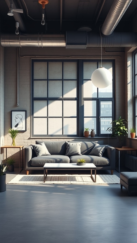 A stylish urban loft living room featuring a dark gray couch, industrial accents, and large windows