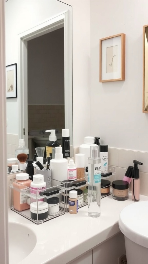 Organized bathroom counter with clear containers holding various skincare and cosmetic products.